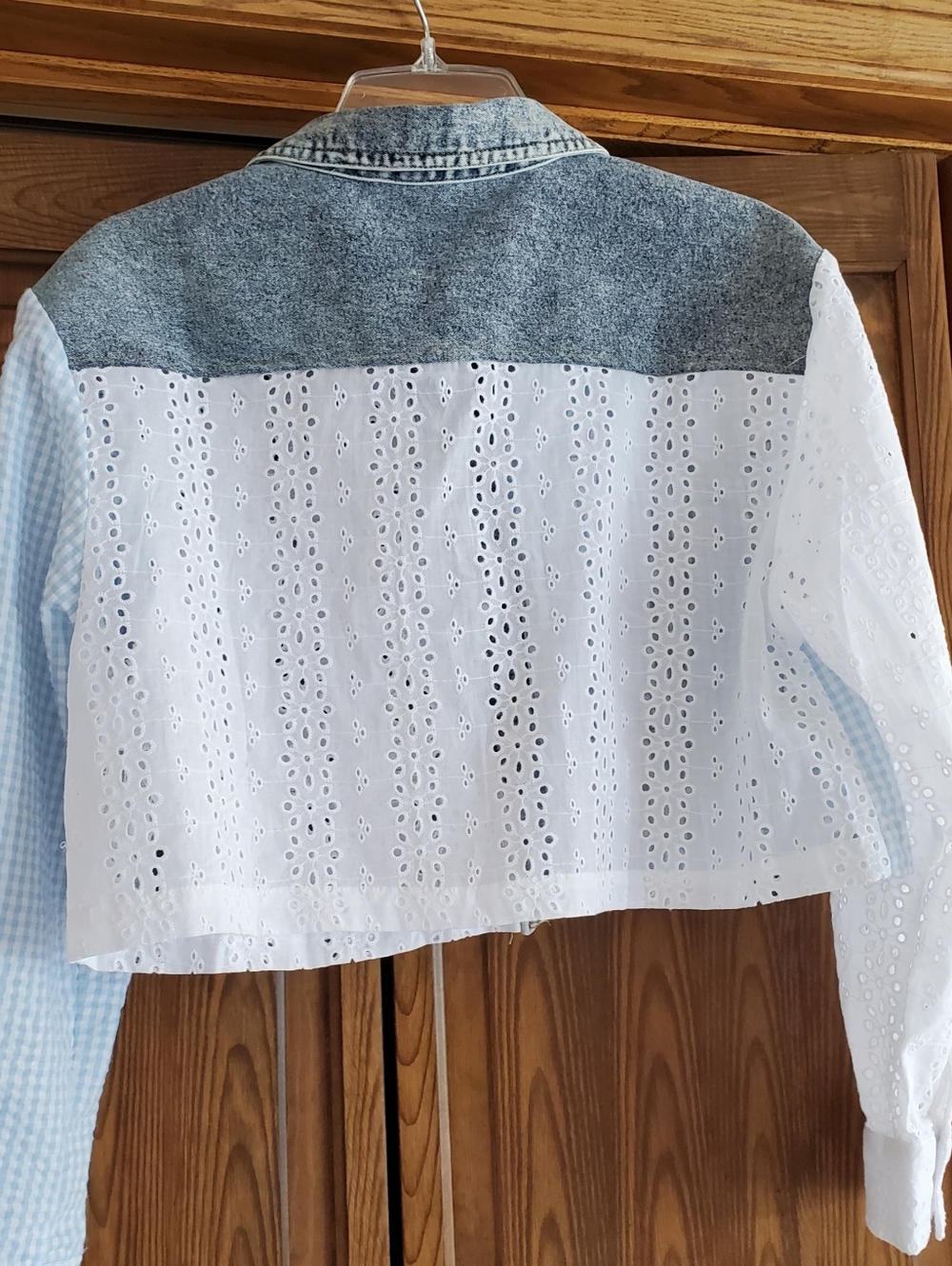 Jolie & Joy Mixed Media Cropped Shacket - Light Blue Eyelet & Gingham - Picture 5 of 5
